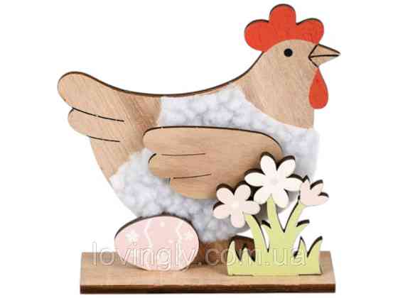 Великодній декор курочка дерево 12,5 см бежевий з яйцем та квітами Ірпінь