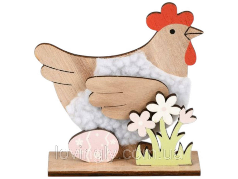 Пасхальный декор курочка дерево 12,5 см бежевый с яйцом и цветами Ирпень - изображение 1