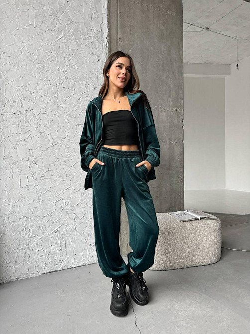 Жіночий прогулянковий костюм-двійка: кофта та штани з турецького велюру Смарагдовий, 42/44 Одеса - фото 3