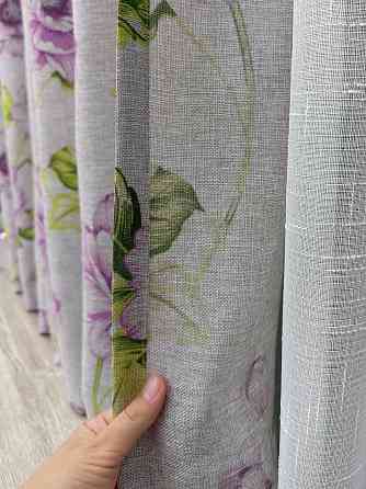 Комплект штор VR-Textil Лен Прованс 100х270 2шт и Тюль 300х270 2079ш-115т Серый с фиолетовым и белым 71-214/1 Киев