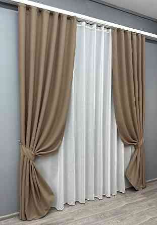 Комплект штор VR-Textil Лен Мешковина 150х270 2шт и Тюль 400х270 825ш-115т Темно-бежевый с белым 71-017/3 Киев