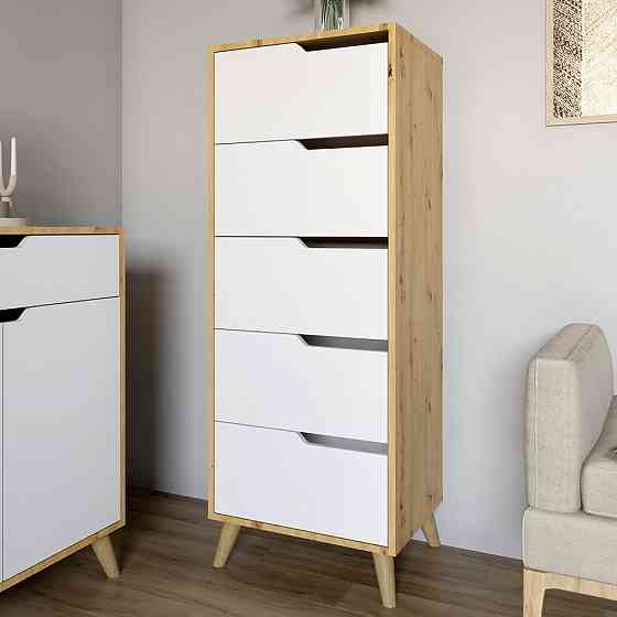 Комод высокий с ножками в цвете Орех Светлый 5 ящиков М-ЗОН Борн 500 Дуб Артизан/Нимфея Альба (белый) (MZN-031105) Львов