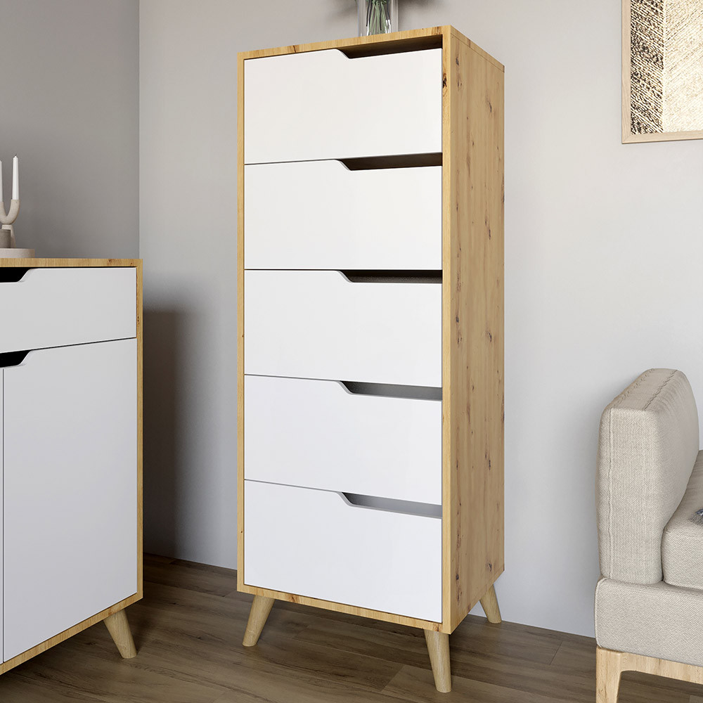 Комод високий з ніжками в кольорі Горіх світлий 5 ящиків М-ЗОН Борн 500 Дуб Артизан/Німфея Альба (білий) (MZN-031105) Львів - фото 1