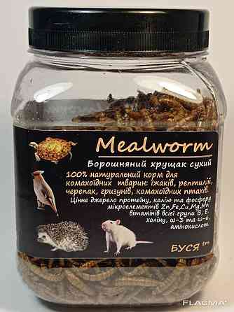 Борошняний хробак сухий "Mealworm" тм Буся. Корм для рептилій, птахів, гризунів, риб. 450мл/60г Зміїв