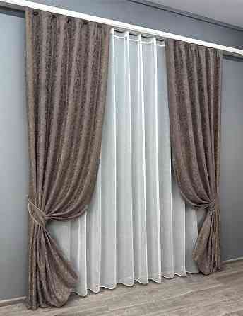 Комплект штор VR-Textil Лен Мрамор 150х270 2шт и Тюль 400х270 1718ш-1276т Какао с белым 71-014/3 Киев