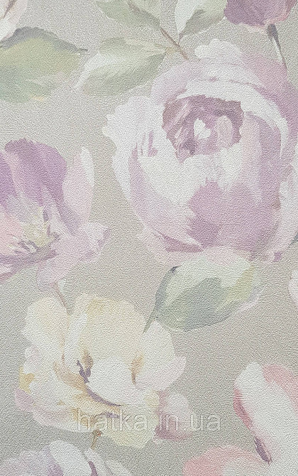 Обои виниловые на флизелине Grandeco Universe 5 цветы пионы крупные яркие сиреневые на сером Київ - фото 1