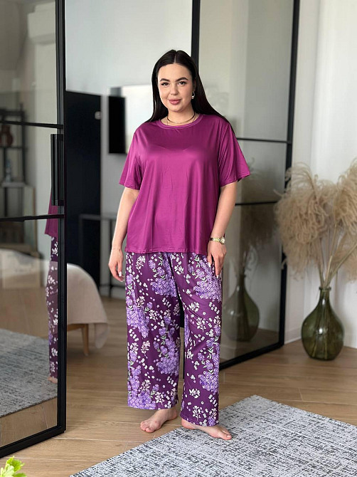Піжама жіноча штани та футболка великого розміру PLUS SIZE з квітковим принтом домашній комплект для дому та сну фіолетова 3XL Одеса - фото 2