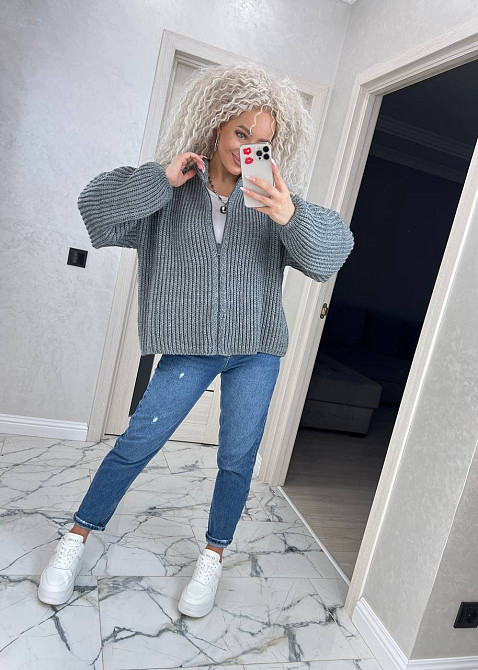 Кардиган вязаный с капюшоном на молнии толстовка Серый Киев - изображение 7