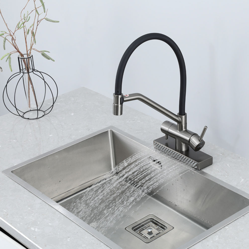 Змішувач для кухні під фільтр GAPPO G4098-9 гнучкий вилив, функція "водоспад", графіт/чорний Київ - фото 3