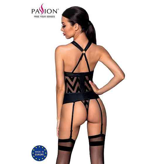 Сітчастий комплект з візерунком Passion HIMA CORSET L/XL black корсет з халтером, підв'язки, трусики Sex Aura Київ