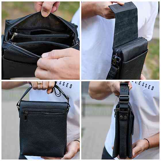Чорний шкіряний месенджер для чоловіка через плече Київ
