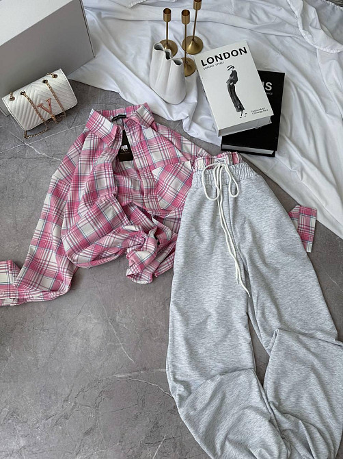 Женский повседневный костюм двойка: рубашка в клетку и штаны фланель + двунитка Розовый, 48/52 Одесса - изображение 3
