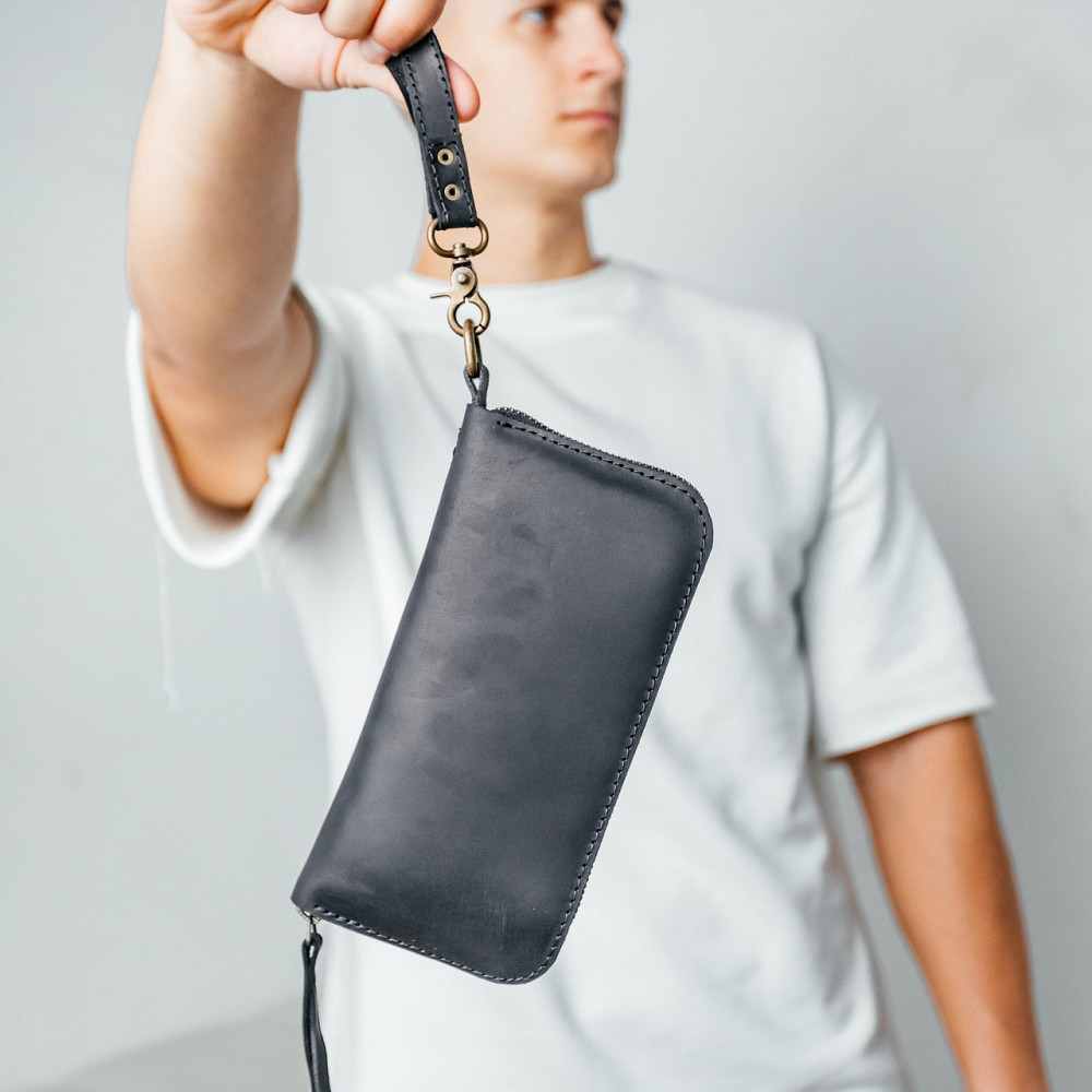 Чоловічий шкіряний гаманець, місткий клатч із відділеннями на блискавці, Crazy Horse, чорнийMasterSem Київ - фото 1