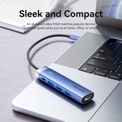 Концентратор Vention USB 3.1 Type-C to HDMI/USB 3.0x3/PD 100W Blue Aluminum Alloy Hub 5-in-1 (TGESB) Винница - изображение 9