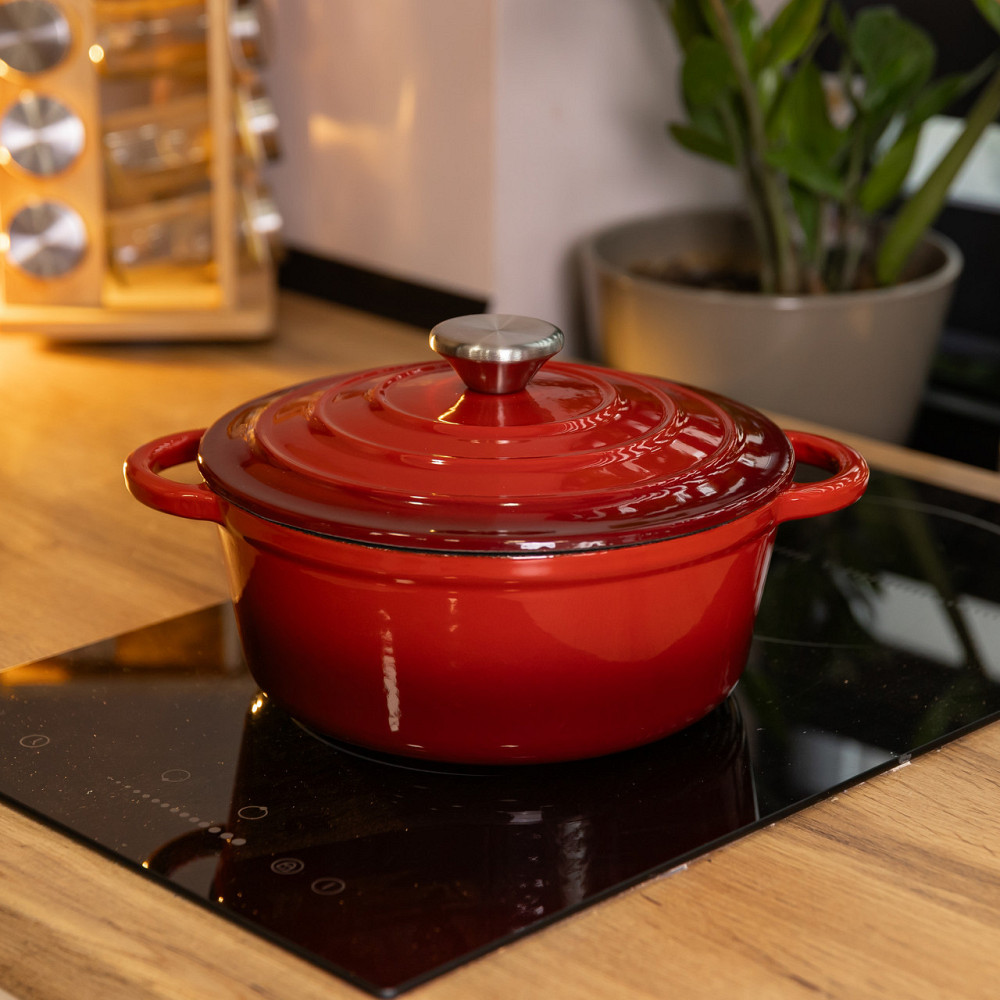 Каструля чавунна 2.5 л емальована з кришкою посуд для тушкування запікання томління кухонна Червона HP-1-14-RED Київ - фото 8