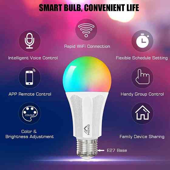 Умные Wi-Fi LED лампы MoKo (2 шт, E27, 9 Вт), RGB + теплый свет, голосовое управление Alexa/Google, Концентратор не нужен Киев