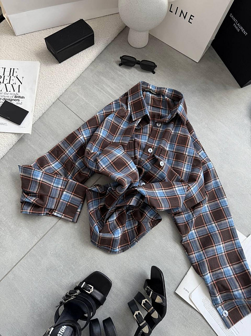 Женская стильная оверсайз рубашка в клетку фланель 100% коттон Синий Одесса - изображение 3