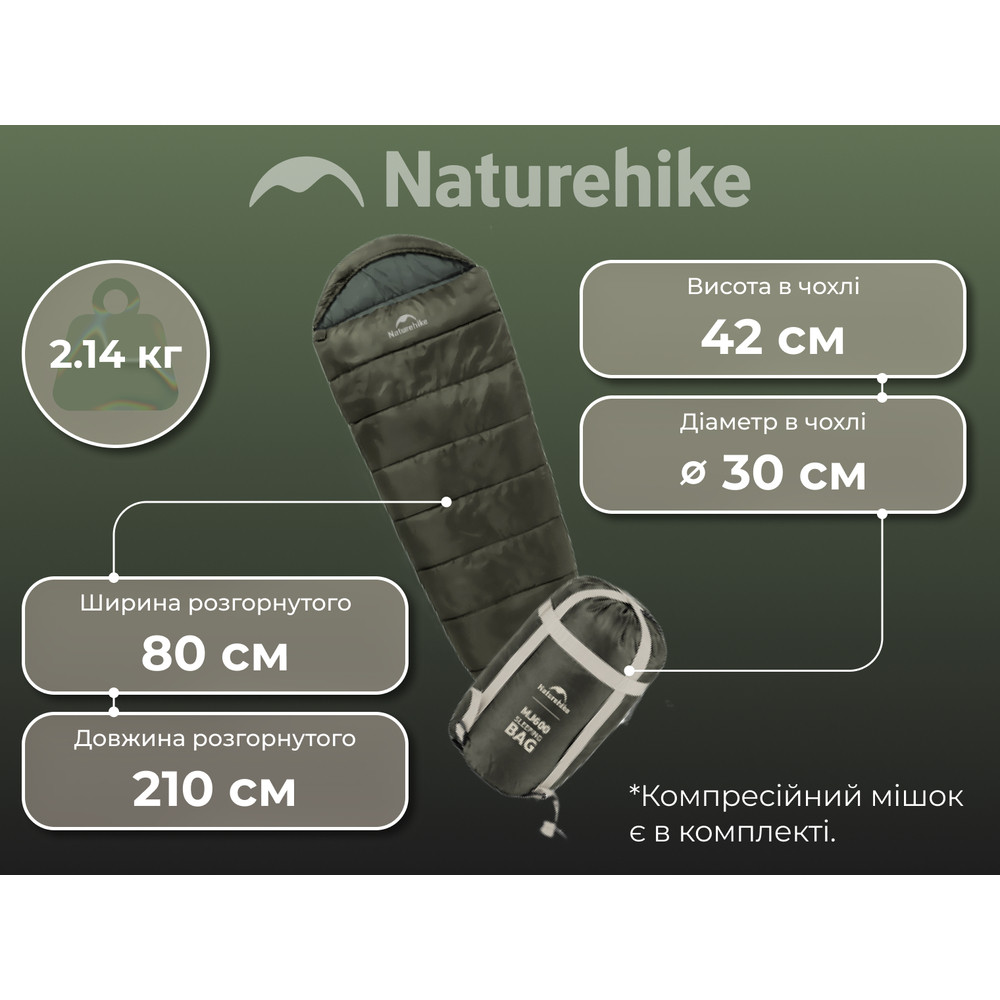 Спальник з капюшоном Naturehike CNK2300SD014 MJ600 Січ, зелений Киев - изображение 11