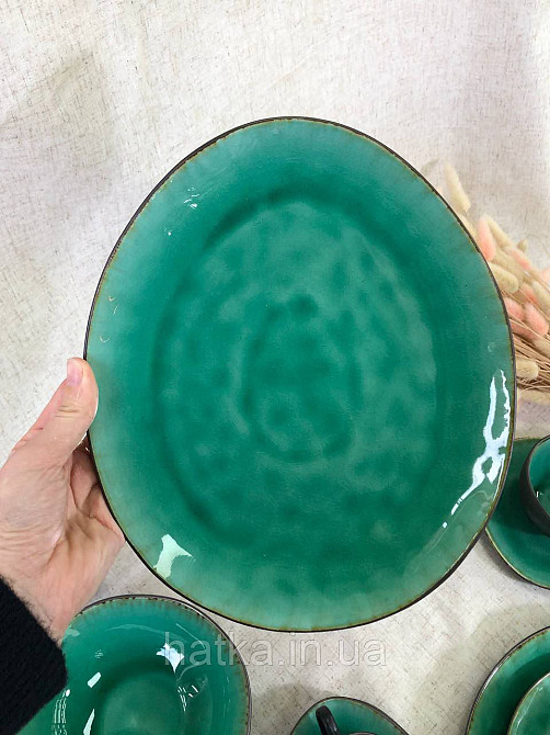 Тарілка овальна Olens "GREEN LAGUNA" 28х23,5 см кераміка зелена для дому та ресторану Київ - фото 1
