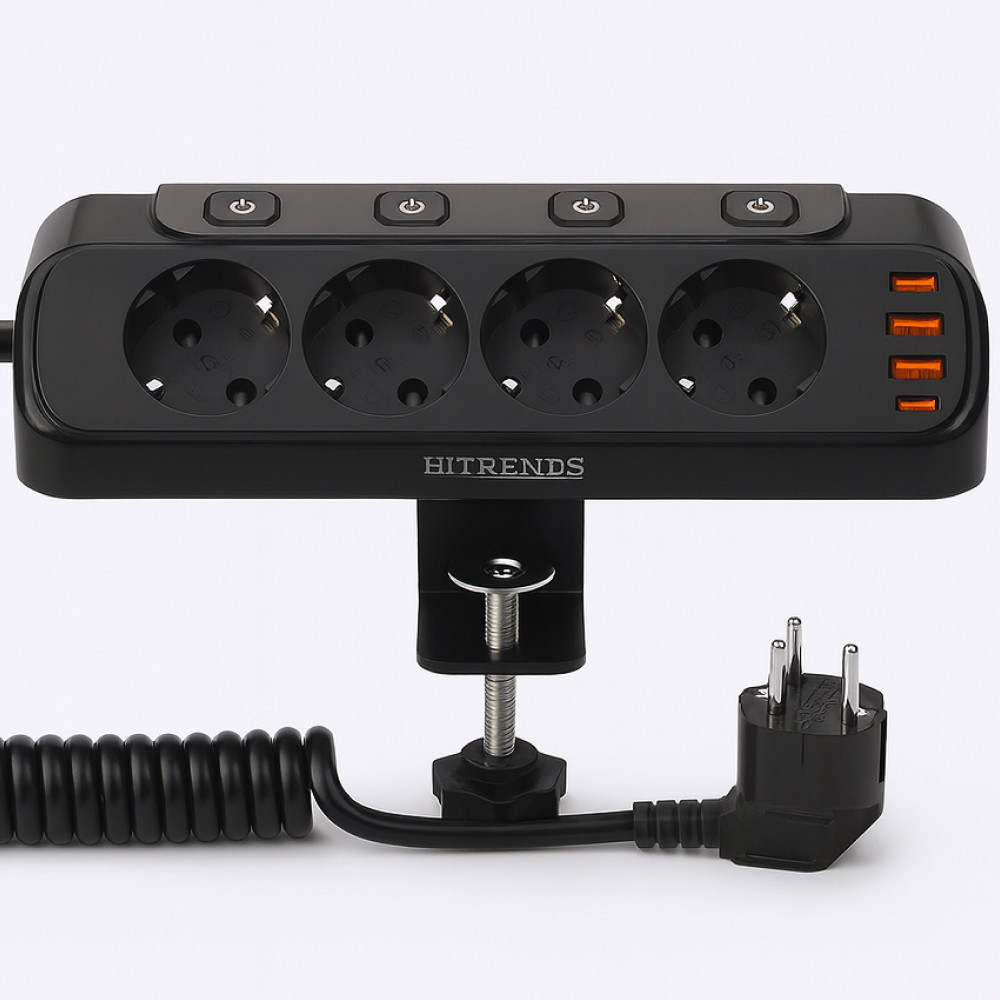 Мережевий фільтр 20Вт, 1.6м (2хUSB-A, 2хType-C, 4х220В) / Електричний подовжувач з тримачем для столу Київ - фото 1