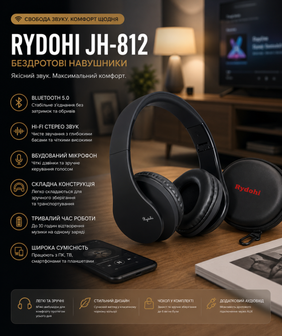 Беспроводные наушники Rydohi JH-812 Bluetooth 5.0, Hi-Fi стерео, с микрофоном, складные, для ПК/ТВ, черные + чехол Киев - изображение 1