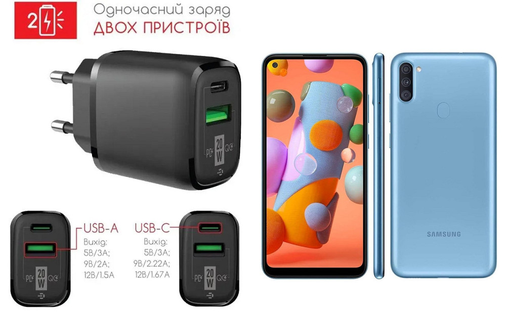 Сетевое зарядное устройство для Samsung Galaxy A11 A115, 20W 3A, Quick Charge 3.0 Киев - изображение 1