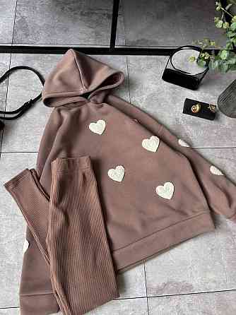 Жіночий теплий прогулянковий костюм-двійка з сердечками тринитка на флісі + ангора рубчик Моко, 42/44 Одеса