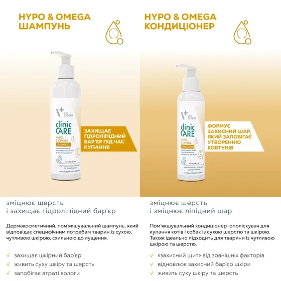 Шампунь Vet Expert Clinic Care Hypo&Omega Клінік Кеа Гіпо&Омега для собак та котів з чутливою та сухою шкірою, 250 мл Київ