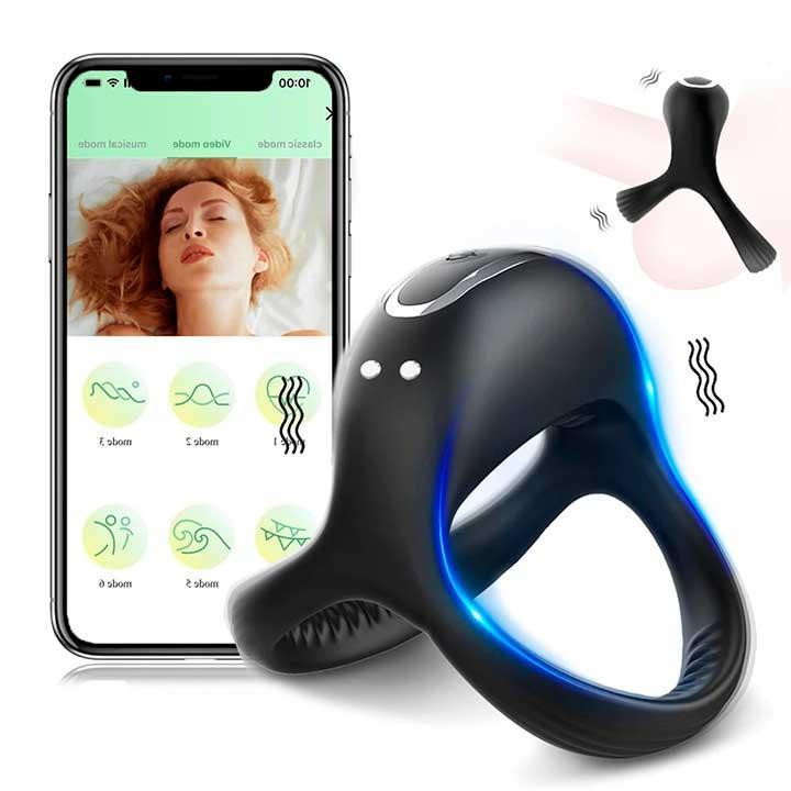 Потрійне ерекційне смарт віброкільце на пеніс і мошонку "Love Spouse" - Чорний Вінниця - фото 8