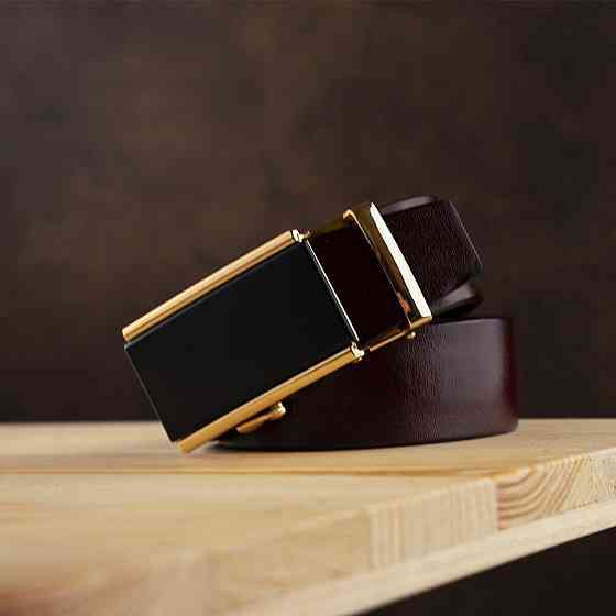 Ремінь чоловічий з золотистою прямокутною пряжкою Vintage 20260 Коричневий Київ