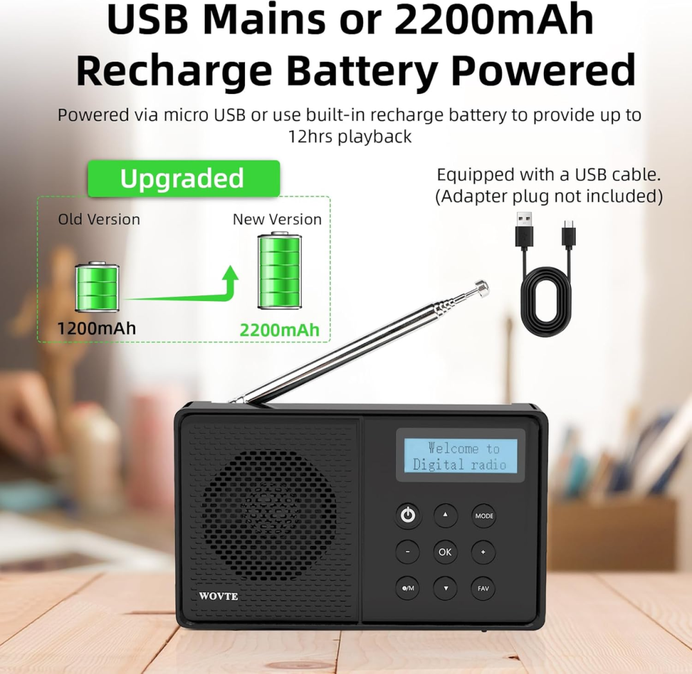 Портативний цифровий радіоприймач WOVTE DAB/DAB+/FM з Bluetooth акумуляторний кишеньковий міні приймач Чорний Київ - фото 4