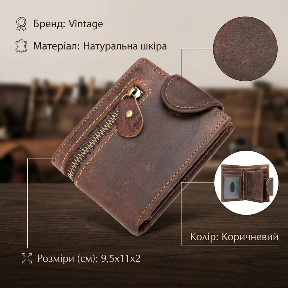 Тонке чоловіче портмоне матове 20239 Vintage Коричневе Київ - фото 12