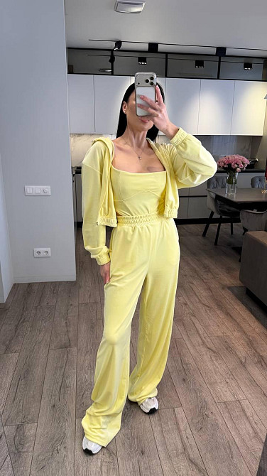 Женский стильный повседневный костюм тройка велюр плюш Лимонный, 42/44 Одесса - изображение 7