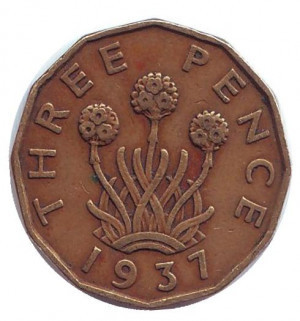 Лук-порей. Монета 3 пенси. 1937,41,42,43 рік, Великобританія.(В) Полтава - фото 1