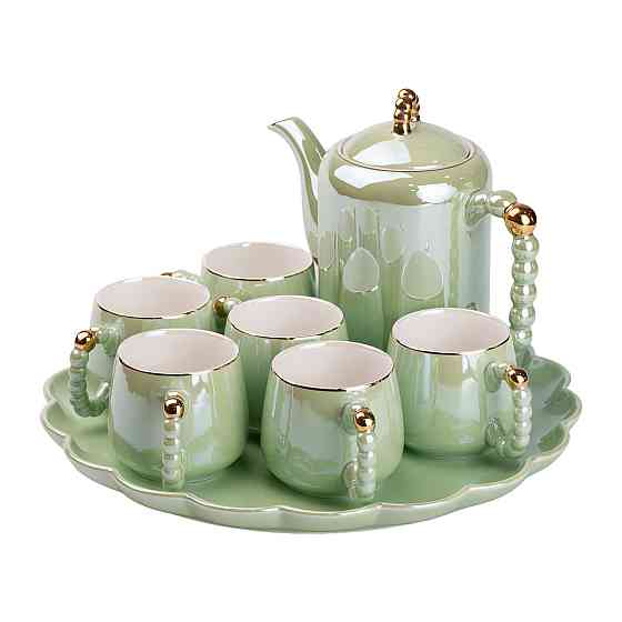 Чайний набір на 6 персон із заварювальним чайником та порцелянаовою підставкою Зелений HP-15-8 Коломия