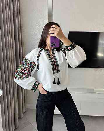 Женская современная вышиванка с завязками и кисточками 80% хлопок, 20% полиэстер 46 Одесса