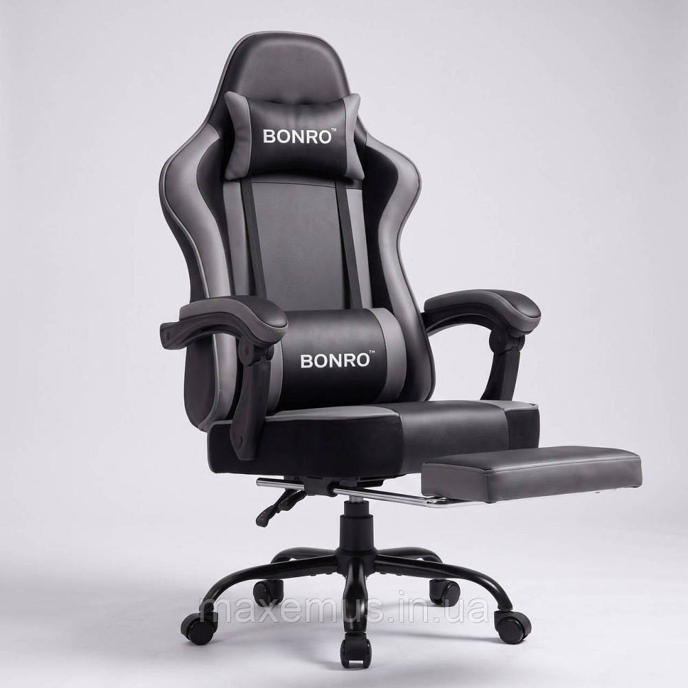 Кресло компьютерное офисное Bonro B-059 Серое с выдвижной подставкой для ног, откидной спинкой и экокожи Мостиська - фото 8