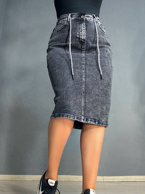 Спідниця жіноча джинсова Vanver 82038 резинка шнурок з розрізом варена міді чорна, чорний, З2, 32, 87 см, 110 см Київ - фото 1