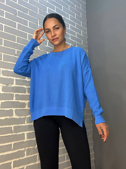 Светр жіночий MIX RAY 6183 тонкий вафельний  розрізи по боках оверсайз вільний крій, синій, one size Одеса - фото 6