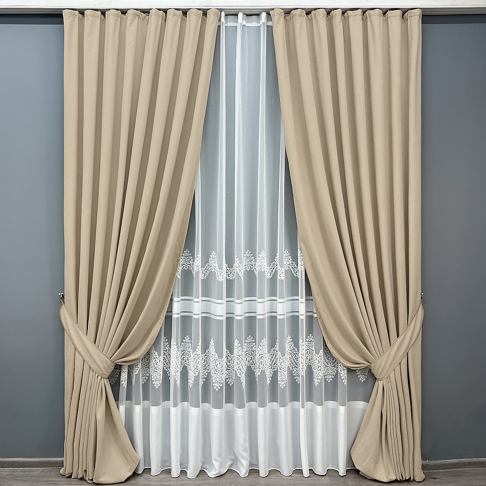 Комплект штор VR-Textil Мікровелюр Petek 200х270 2шт і Тюль 500х270 2013ш-1706т Бежевий з молочним 71-194/6 Київ - фото 1