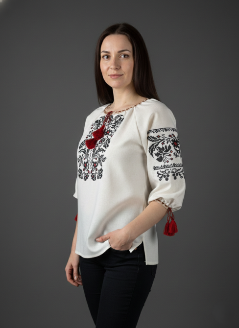 Вышиванка из натурального льна с широкой горловиной «Модерн» черный Киев - изображение 2