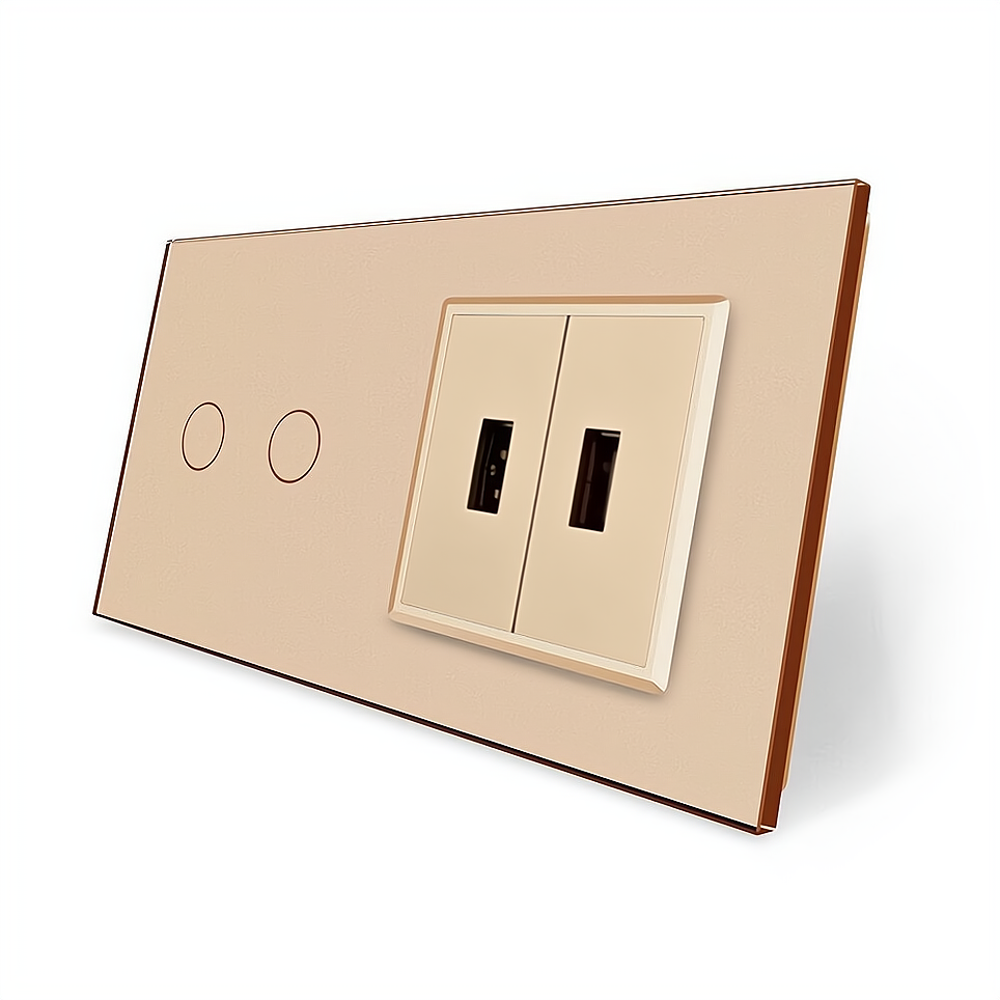 LIVOLO Сенсорний вимикач 2 сенсора 2 USB Livolo золотий скло (VL-C702/2USB-13) Коломия - фото 1