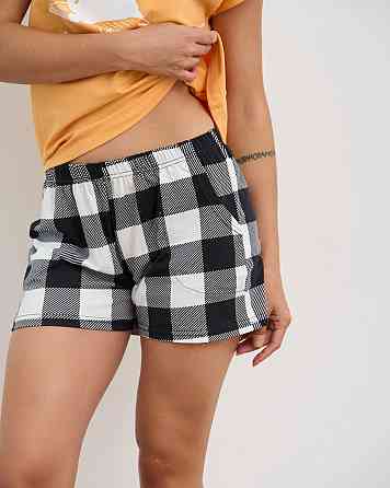 Женская пижама комплект с шортиками в клетку - Кофе, котики и книги Nicoletta 60244 S, Желтый Киев