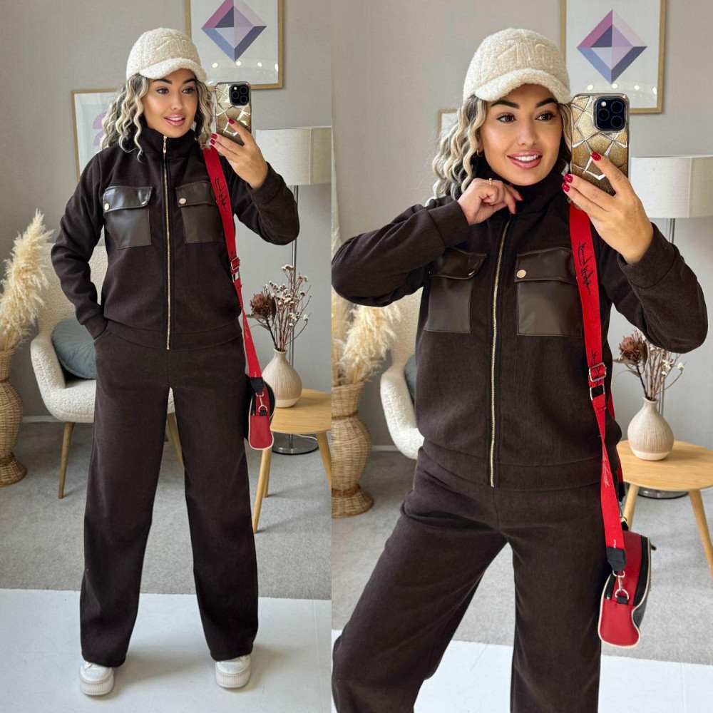 Женский стильный костюм двойка: кофта и штаны вельвет на плотном флисе Шоколадный, 42/44 Одесса - изображение 1