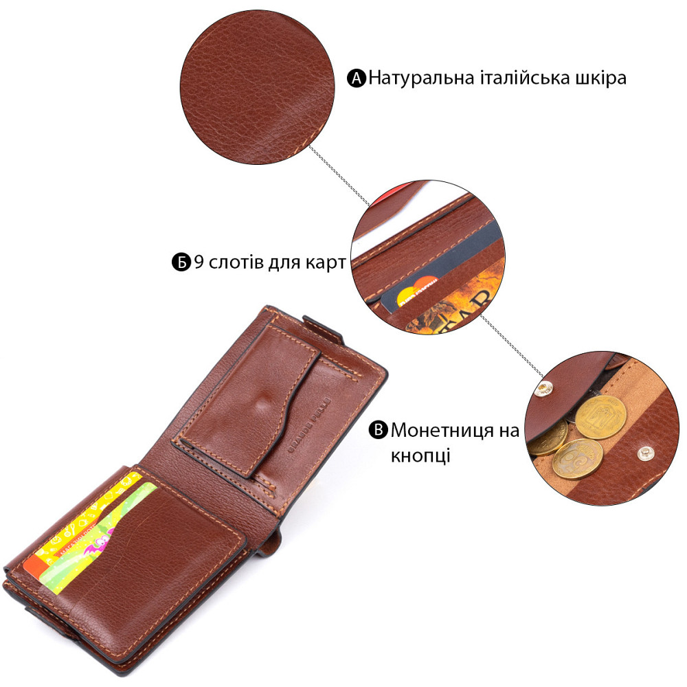 Портмоне горизонтальное Amico на магните на два отделения GRANDE PELLE 11322 Коньячное Киев - изображение 9