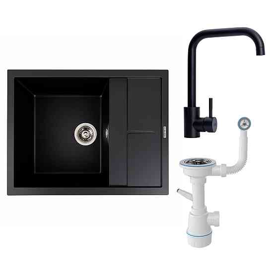 VALESO Комплект: Мийка 6550 LOTOS чорна + Змішувач BG77 чорний + Сифон 1041 Киев