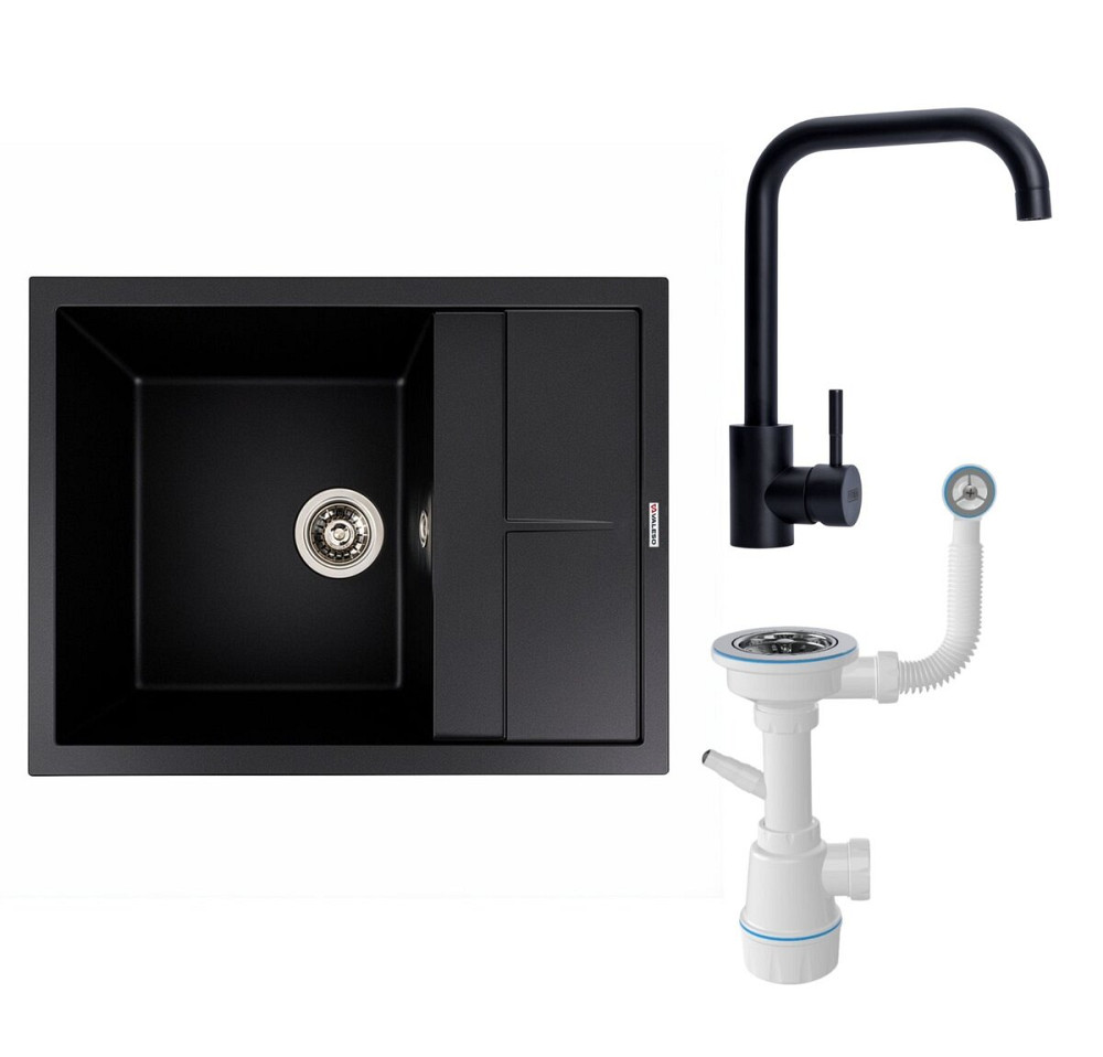 VALESO Комплект: Мийка 6550 LOTOS чорна + Змішувач BG77 чорний + Сифон 1041 Киев - изображение 1