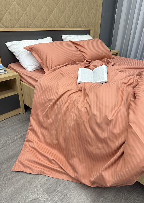 Комплект постельного белья Страйп-сатин Евро 200х230 с простыней на резинке Терракотовый (88-095) Киев - изображение 8