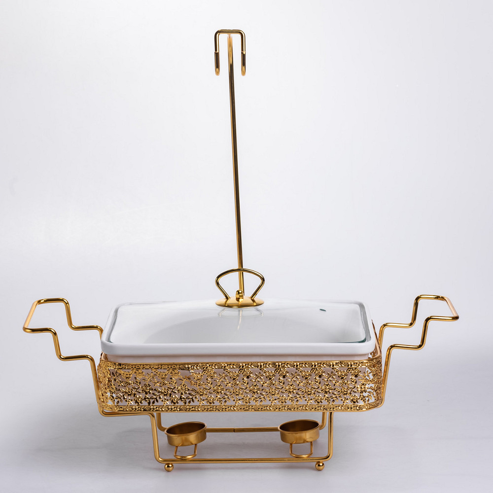 Мармитница настольная фарфоровая 3.5 литра мармит прямоугольный на подставке Белый с золотом YL-77 Киев - изображение 2