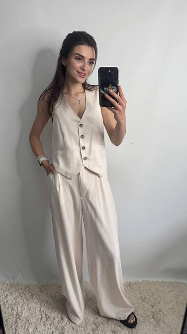 Льняной костюм-тройка в классическом стиле Пудровый M-L Харьков - изображение 3